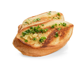 Delicious homemade garlic bread isolated on white
