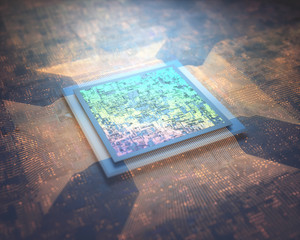 Microchip Technology Connection. Microprocessor, microchip connection to circuit board. Abstract concept image, macro and nano technology.