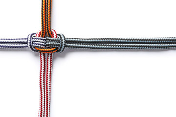Colorful ropes tied together on white background. Unity concept