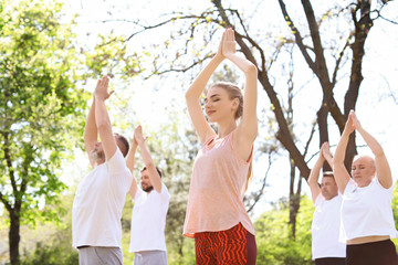 Fototapeta premium Group of people practicing yoga in park on sunny day