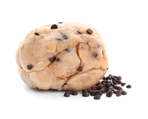Raw cookie dough with chocolate chips on white background