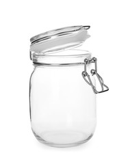 Empty glass jar on white background