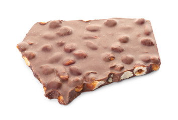 Delicious milk chocolate with nuts on white background