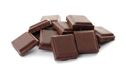 Delicious black chocolate on white background