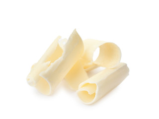 Delicious chocolate curls on white background