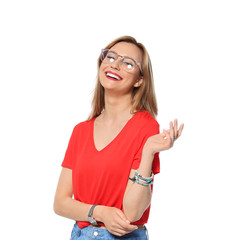 Attractive young woman in stylish outfit on white background