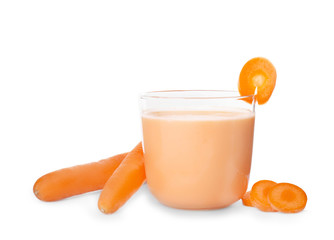Glass with delicious detox smoothie on white background