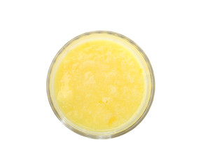 Glass with delicious detox smoothie on white background, top view