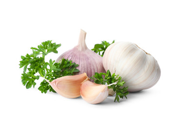 Green fresh parsley with garlic on white background