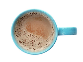 Mug with delicious hot cocoa drink on white background, top view