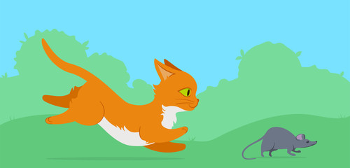 Mouse running from cat