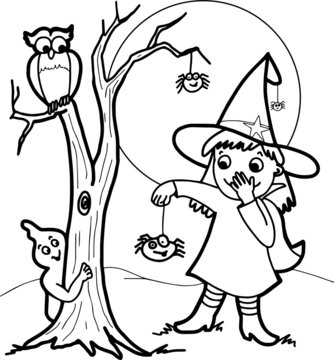 Halloween Girl Witch with Ghost Owl and Spider Friends