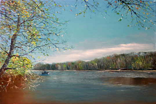 Fisherman on a boat in early spring. Painting. Landscape by the river. Oil painting river in Europe.