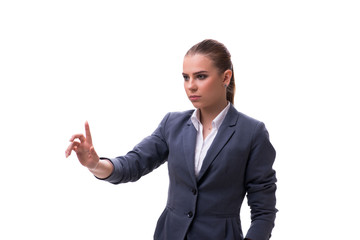 Young businesswoman pressing virtual button on white
