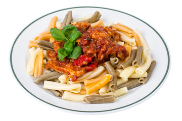 Plate with pasta and fish, vegetables