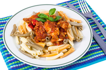 Plate with pasta and fish, vegetables