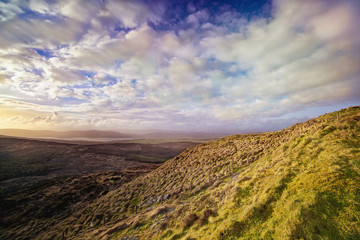 Panoramic landscape with sunny sunset in a county Kerry