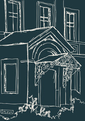 View of an old building. House exterior with porch. Sketch style illustration