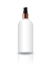 Blank white cosmetic round bottle with press spray head for beauty product packaging. Isolated on white background with reflection shadow. Ready to use for package design. Vector illustration.