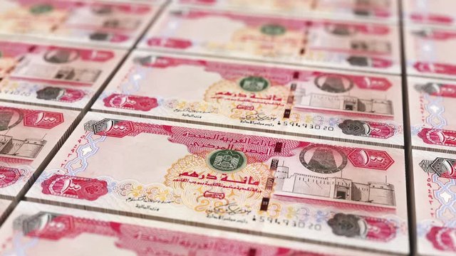 Arab Emirates UAE 100 Dirhams Banknotes Looping Background 