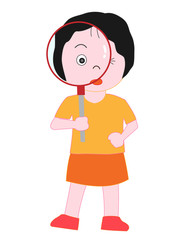 虫眼鏡で昆虫を観察している子供