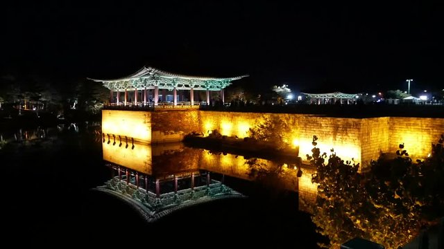 Pavilion of the Donggung Palace at Anapji lake at night. Gyeongju, South Korea 