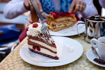 delicious looking french cherry cake with cream and cherry on top, on a white plate. Riquewihr, Alsace.