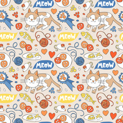 Cat. Cat accessories. Food and toys. Seamless vector pattern (background).