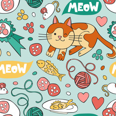 Cat. Cat accessories. Food and toys. Seamless vector pattern (background).