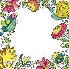Cat, snail, bird. Flowers and leaves. Square frame.