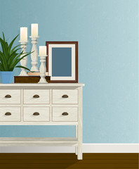 Stylized trio of wooden candlesticks on a wooden cabinet with blue wall background. Empty picture frame and houseplant with plenty of copy space. Flat vector with texture, shadow and detail.