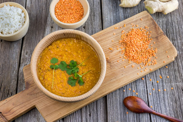 Indian lentil dhal with ginger and fresh coriander top view