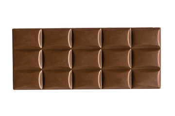 Top view of tasty milk chocolate bar isolated on white background.