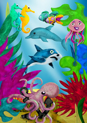Fototapeta na wymiar 3d rendered children illustration of underwater world with sea animals
