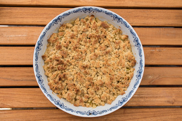 plate of rhubarb pie and custard sauce