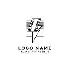 lightning film strip with line stripes logo brand. folded thunderbolt movie illustration. simple outline style symbol
