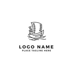 boat with film strip sail logo design. movie strip ship illustration. simple outline style symbol.