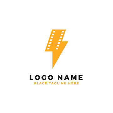 lightning film strip logo brand. thunderbolt movie illustration.