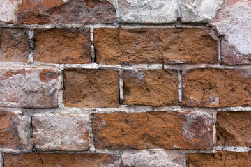 Close up old brick wall. Grunge destroyed background.