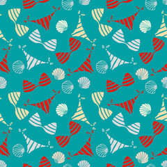 Fototapeta premium Seamless pattern with bikini, swimsuits, sea shells