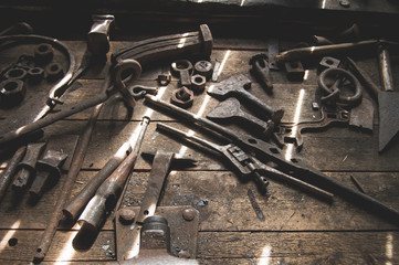 Historical old blacksmith workshop with rustic tools