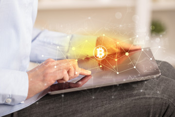 Business woman using tablet with financial, cloud connectivity concept