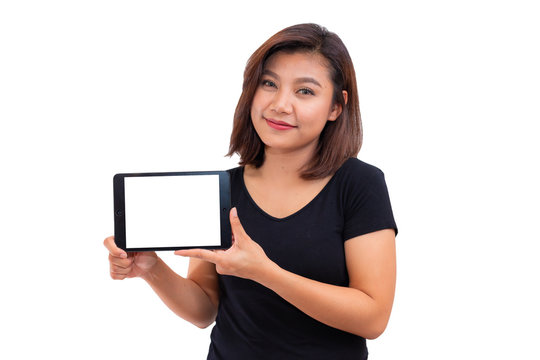 Young Asian Woman Black Hair Holding Tablet Computer. Woman Using Blank Screen Digital Tablet Computer PC Happy Smile Isolated On White Background. Winner, Fresh, Excited, Showing Tablet.