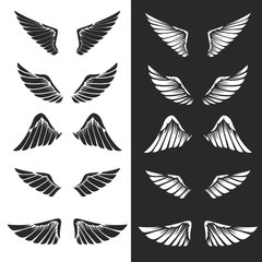 Set of wings on white background. Design elements for logo, label, emblem, sign.