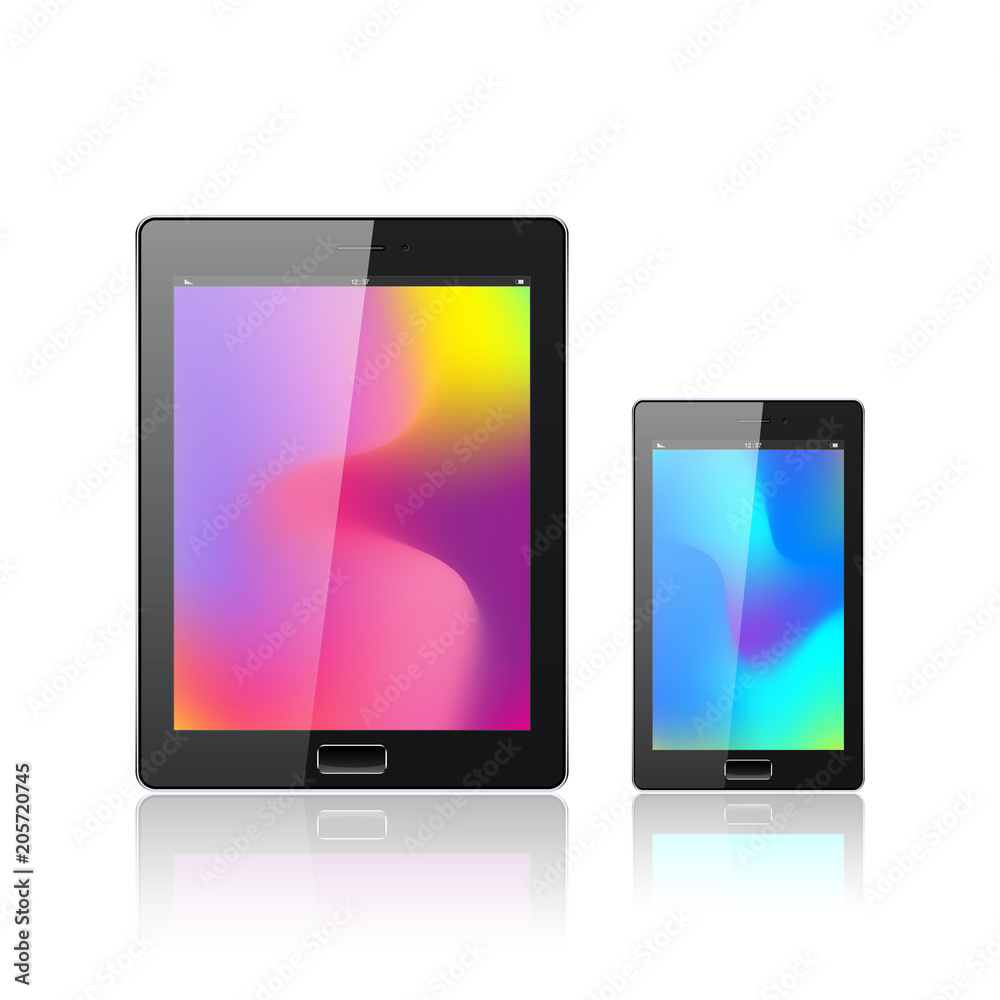 Poster modern digital tablet pc with mobile smartphone isolated on the white. abstract fluid 3d shapes vect