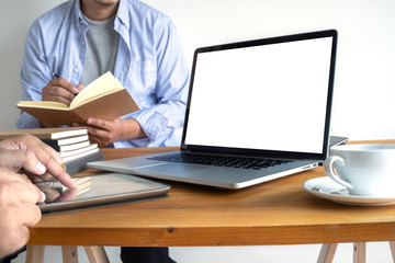 Laptop with blank screen on table. Workspace background new project on laptop computer with blank copy space screen for your advertising text message