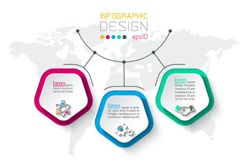 Pentagons label infographic with 3 steps.