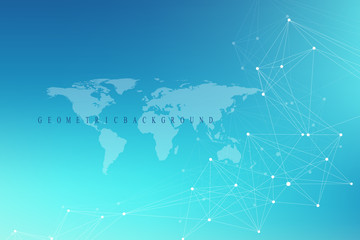 Geometric abstract background with connected line and dots. Graphic background with world map for your design. Vector illustration