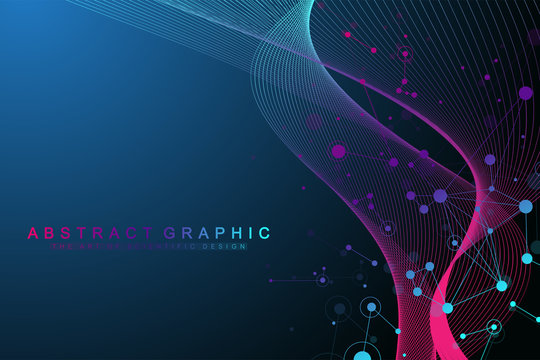 Geometric abstract background with connected lines and dots. Wave flow. Molecule and communication background. Graphic background for your design. Vector illustration.