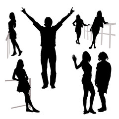 Vector 7 silhouettes of people of different sex in full growth group of man lifted hands cheerful greeting girl waving hand girl leans on railing stands sideways on white background contours of people